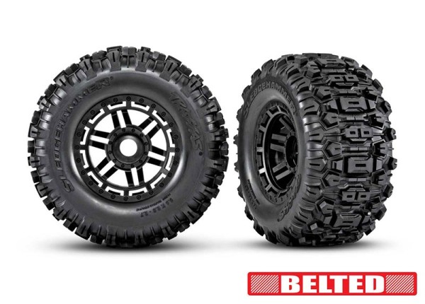 Traxxas 8979 Belted Tires & black wheels, assembled, glued (2) (TSM® rated)