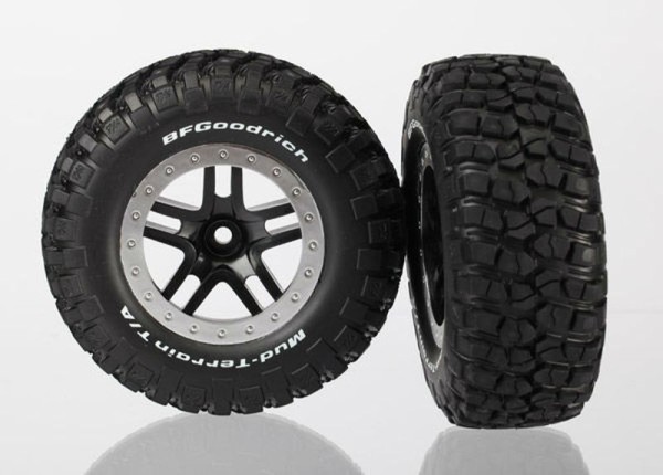 Traxxas 5885 Tire & wheel assy, glued (SCT Split-Spoke, black, satin chrome beadlock wheels, BFGoodrich® Mud-Terrain T/A® KM2 tires, inserts)