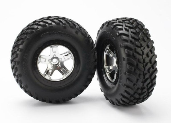Traxxas 5873X Tire & wheel assy, glued (SCTsatin chrome, black beadlock style wheels, SCT off-road racing tires, foam inserts)