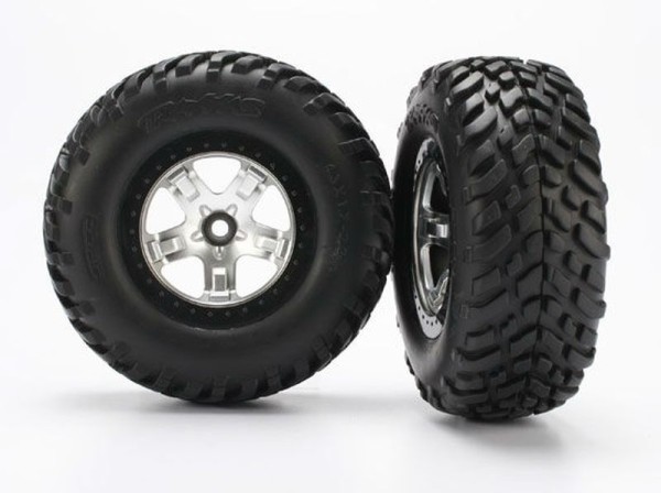Traxxas 5875X Tire & wheel assy, glued (SCT satin chrome, black beadlock style wheels, SCT off-road racing tires, foam inserts)