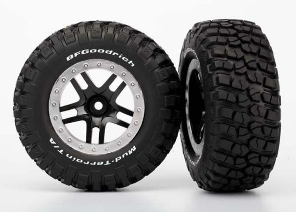 Traxxas 5883 Tire & wheel assy, glued (SCT Split-Spoke, black, satin chrome beadlock wheels, BFGoodrich® Mud-Terrain T/A® KM2 tire, inserts)