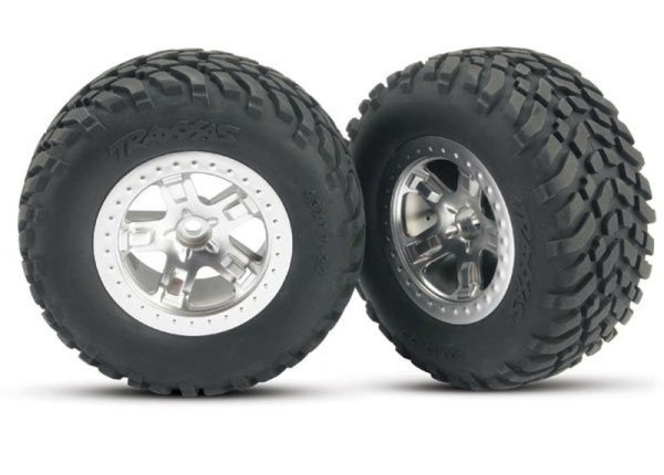 Traxxas 5875 Tires & wheels, assembled, glued (SCT, satin chrome wheels, beadlock type, SCT off-road tires, foam inserts) (2) (Front)