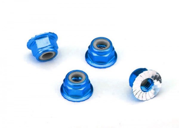 Traxxas 1747R Nuts, aluminum, flanged, serrated (4mm) (blue-anodized) (4)