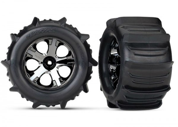 Traxxas 4175 Tires & wheels, assembled, glued (2.8") (All-Star black chrome wheels, paddle tires, foam inserts)