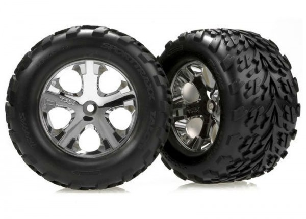 Traxxas 3669 Tires & wheels, assembled, glued (2.8") (All-Star chrome wheels, Talon tires, foam inserts) (nitro rear/ electric front) (2)