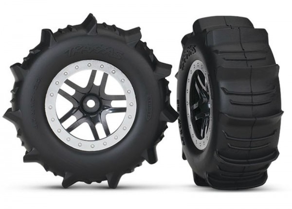 Traxxas 5891 Tires & wheels, assembled, glued (SCT Split-Spoke satin chrome, beadlock style wheels, paddle tires, foam inserts) (2)