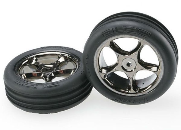Traxxas 2471A Tires & wheels, assembled (Tracer 2.2" black chrome wheels, Alias® ribbed 2.2" tires) (2)