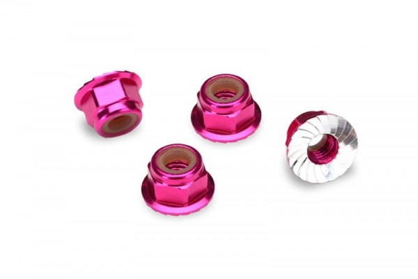 Traxxas 1747P Nuts, aluminum, flanged, serrated (4mm) (pink-anodized) (4)