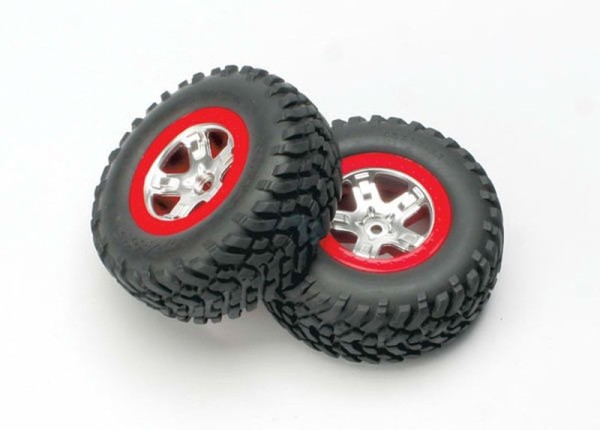 Traxxas 5873A Tires & wheels, assembled, glued (SCT, satin chrome wheels, red beadlock, SCT off-road tires, foam inserts)