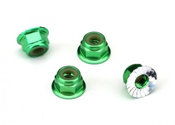 Traxxas 1747G Nuts, aluminum, flanged, serrated (4mm) (green-anodized) (4)