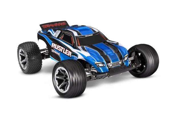 Traxxas 37054-8BLUE Rustler blue 1/10 2WD Stadium-Truck RTR Brushed, with battery and 4Ampere USB-C-Charger