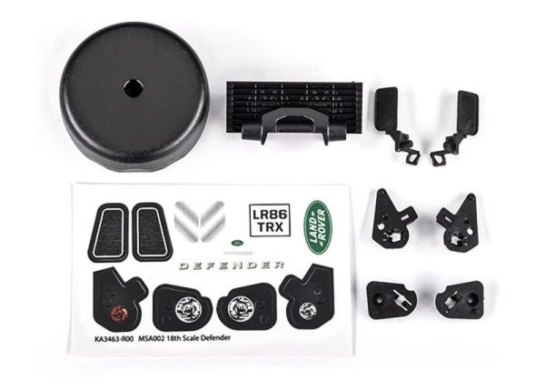 Traxxas 9720 Grille/ mirrors, side / spare tire cover/ light retainers, body / decal sheet (fits #9712 body), TRX-4M