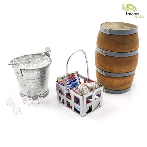 Thicon 20058 1:10/1:14 Camping Set 1 with wooden barrels, buckets and ice