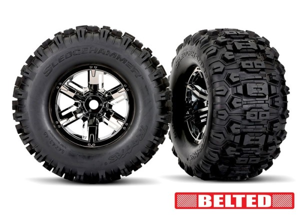 Traxxas 7871X Belted Tires & chrome wheels, assembled, glued (left & right)