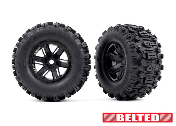 Traxxas 7871 Belted Tires & black wheels, assembled, glued (left & right)