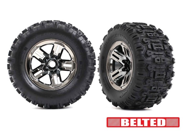 Traxxas 9573A Tires & wheels, assembled, glued (3.8" black chrome wheels, belted Sledgehammer® tires, foam inserts) (2)
