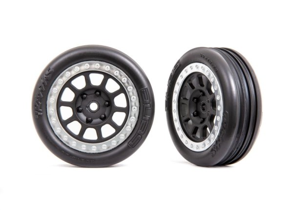 Traxxas 2471G Tires & wheels, assembled (2.2" black, satin chrome beadlock wheels, Alias® ribbed 2.2" tires) (2)